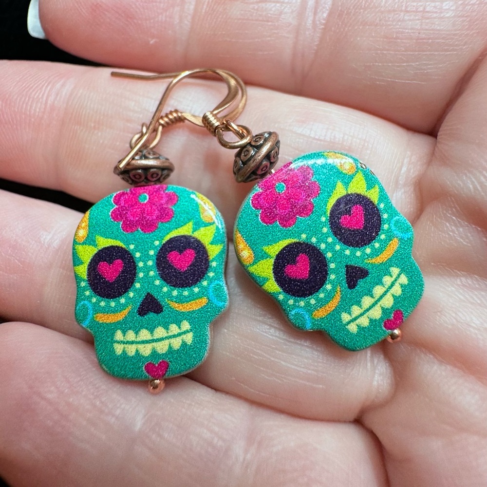 Day of the Dead (Dia De Los Muertos) sugar skull and copper earrings.